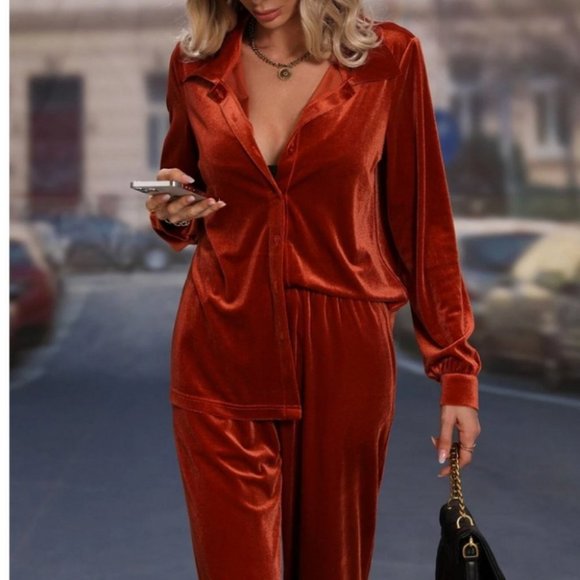 Coord set  Button down long sleeve velvet shirt & Pants Set burnt orange - Picture 3 of 5